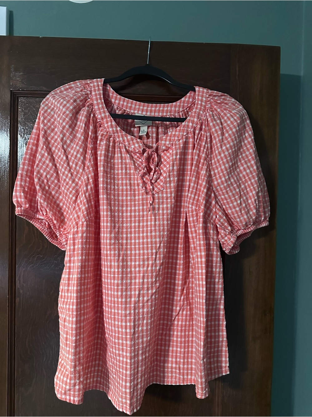 St. John's Bay Coral Pink Gingham Peasant Blouse with Tie Neck